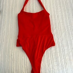 Superdown Red One Piece Halter Neck High Cut bodysuit.